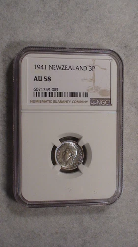 1941 NEW ZEALAND NGC AU58 THREE PENCE ABOUT UNC 3P Coin PRICED TO SELL!
