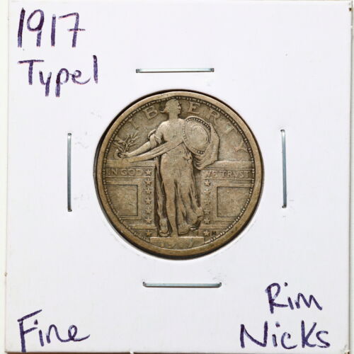 1917 Type 1 25C Standing Liberty Quarter Dollar Fine Detail Rim Nicks #05385 - Picture 1 of 2
