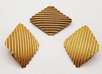 50er MIRIAM HASKELL Goldtönung Gerippter RHOMBUS Set Brosche Clip-Ohrringe