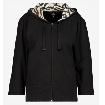 Monari Black Cream size EU 44 Full Zip Soft Stretch Knit 3/4 Sleeve Jacket Comfy