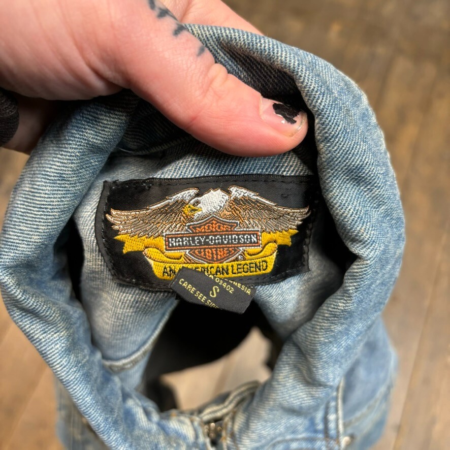 Harley Davidson Denim Jacket Womens Small Vintage Jean Bomber Coat, Blue image 10