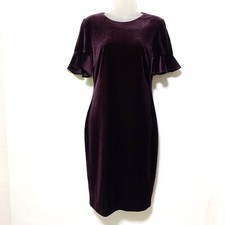 Calvin Klein Womens 6 Purple Velvet Sheath Dress Ruffle Sleeve Gold Zip Cocktail