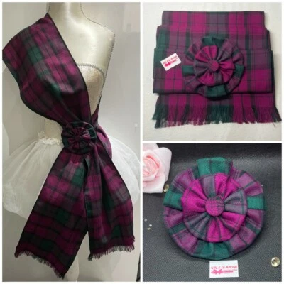 HANDMADE Lindsay Tartan Sash Rosette Scarf Burns Night Wedding Scottish Kilt Black Watch