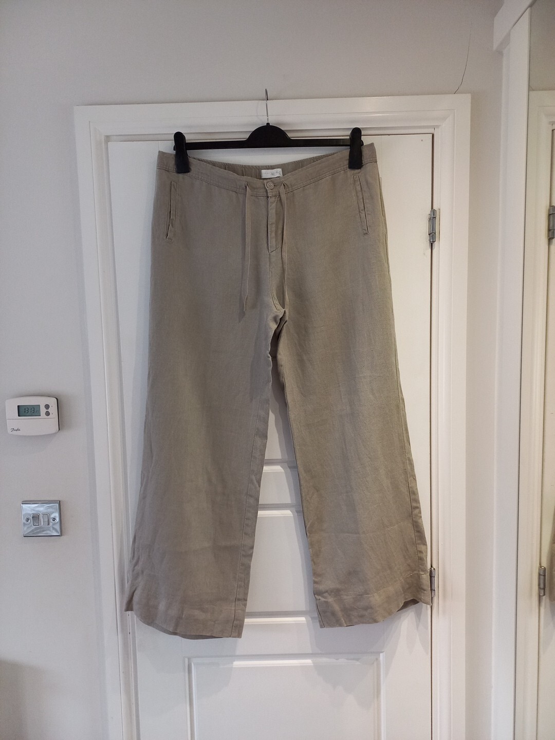 The White Company Grey Linen Wide Leg Trousers Size L UK 14-16 Drawstring Waist