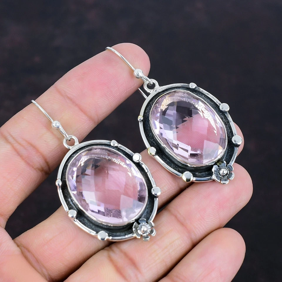 Oferta de San Valentín Rosa Kuncita Piedras Preciosas Colgante Gancho Pendientes Joyería Plata 925 Foto 3 de 4