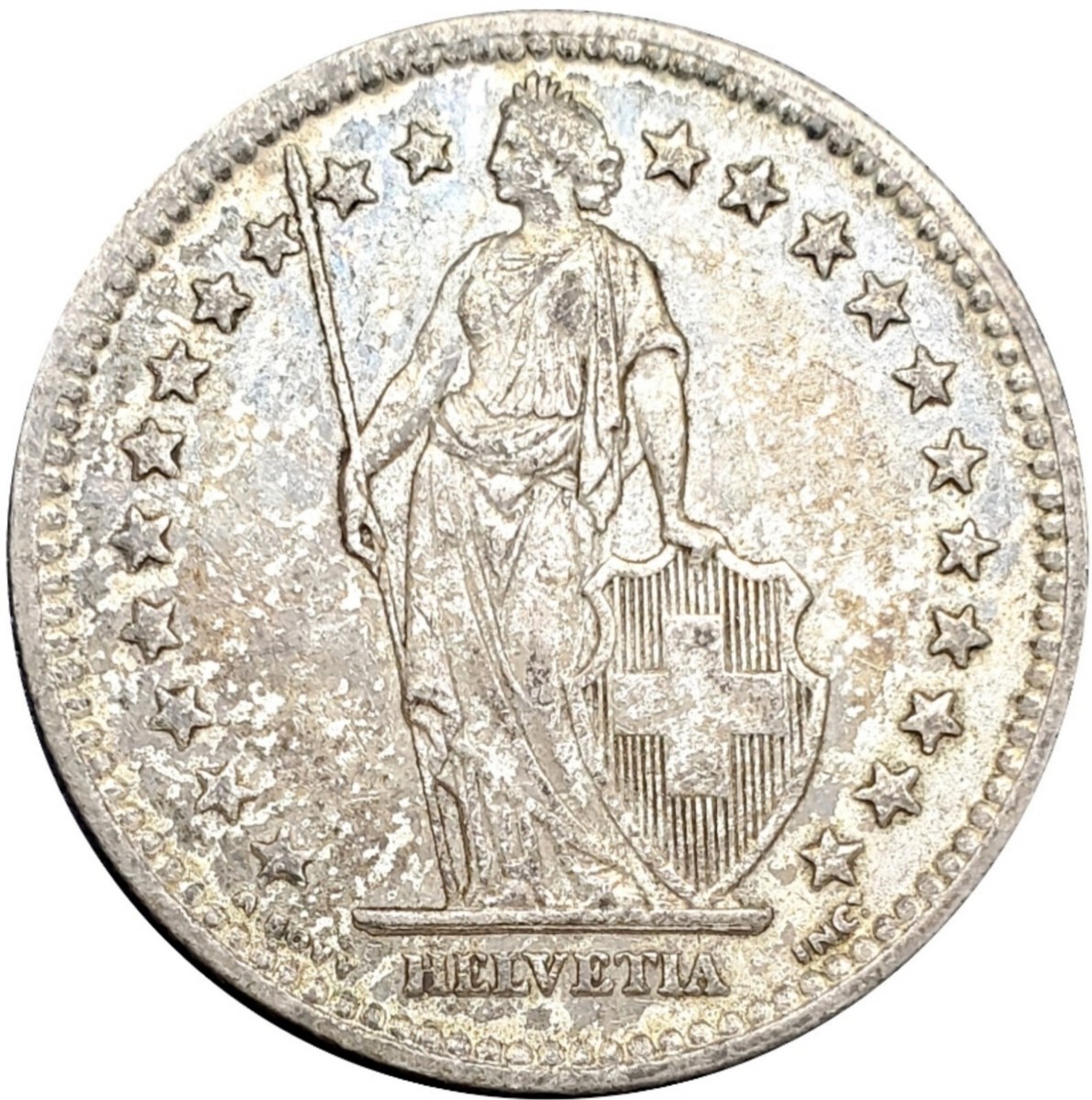 1944 B Switzerland 2 Francs .835 Silver Coin Helvetia Standing