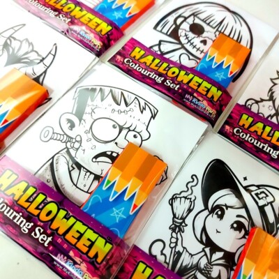 100 x Halloween Malset: 6 A6 Blatt, 4 Buntstifte pro Packung - Spaß für Kinder