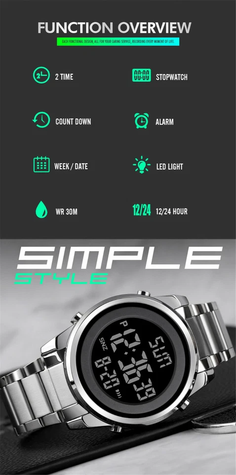 SKMEI Digital Men Watches Steel LED Wristwatch Male Electronic Alarm Watch Gifts - Image 3 of 4