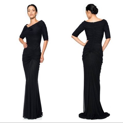 Robe De Bal Longue Tadashi Shoji Noire En Maille Drapée - Taille M, Manches 3/4, Ruchée - Occasion TB