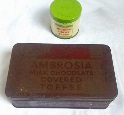 2 ALTE LEERE DEVONSHIRE DOSEN ~ AMBROSIA SCHOKOLADENÜBERZOGENER TOFFEE + CLOTTED CREAM