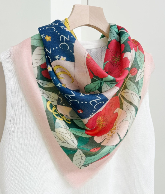 100% Wool Floral Printed Detachable Thin Square Car Scarf 100cm