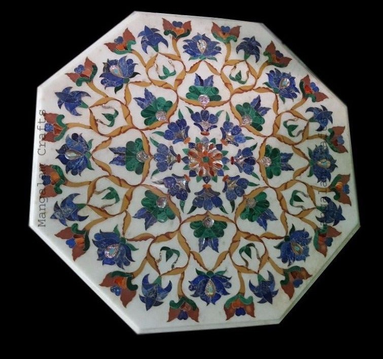 36-Inch White Marble Table Top with Handcrafted Semi-Precious Stone Inlay