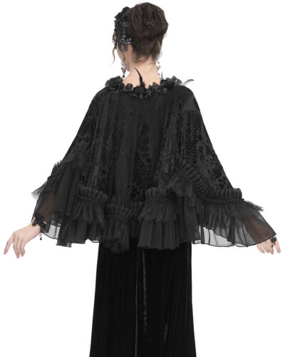 Eva Lady Womens Gothic Flocked Mesh Feathered Rose Lace Shrug Cloak Cape Black - Picture 5 of 13