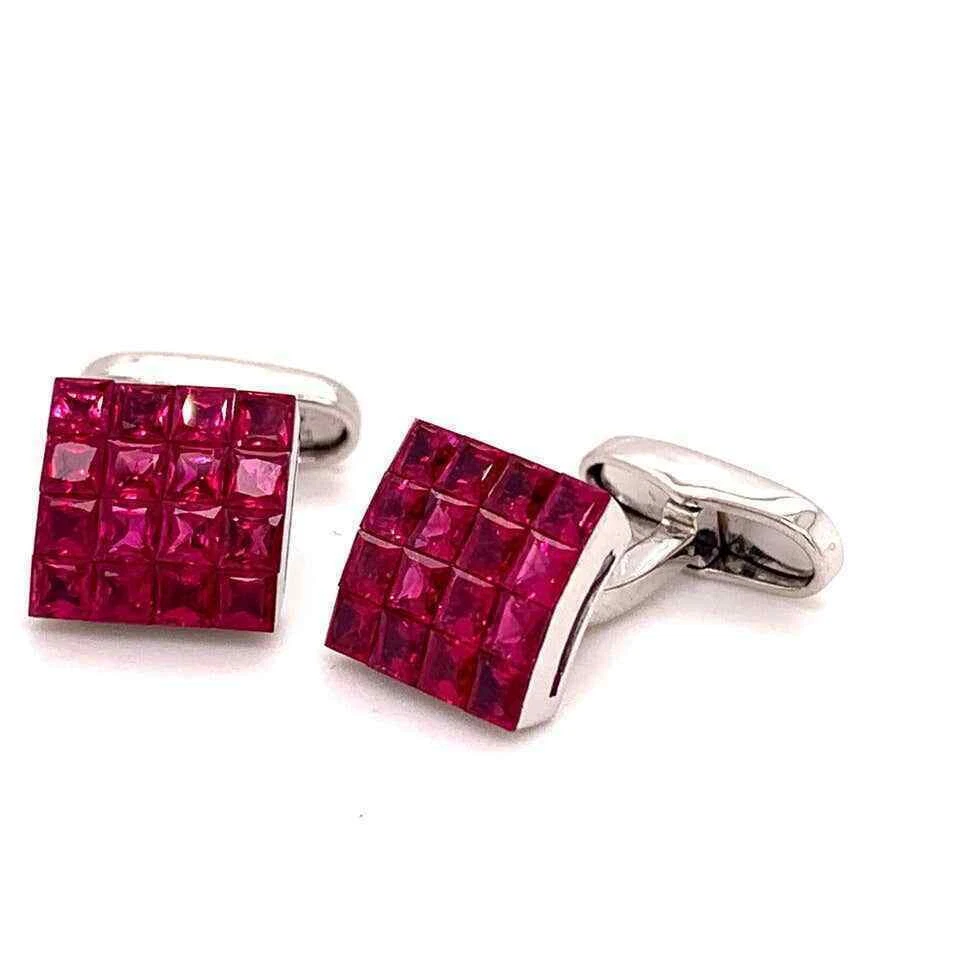 Impressive Princess Cut Red Ruby Square Design Men's Bright Finish Fine Cufflink - Image 2 of 4