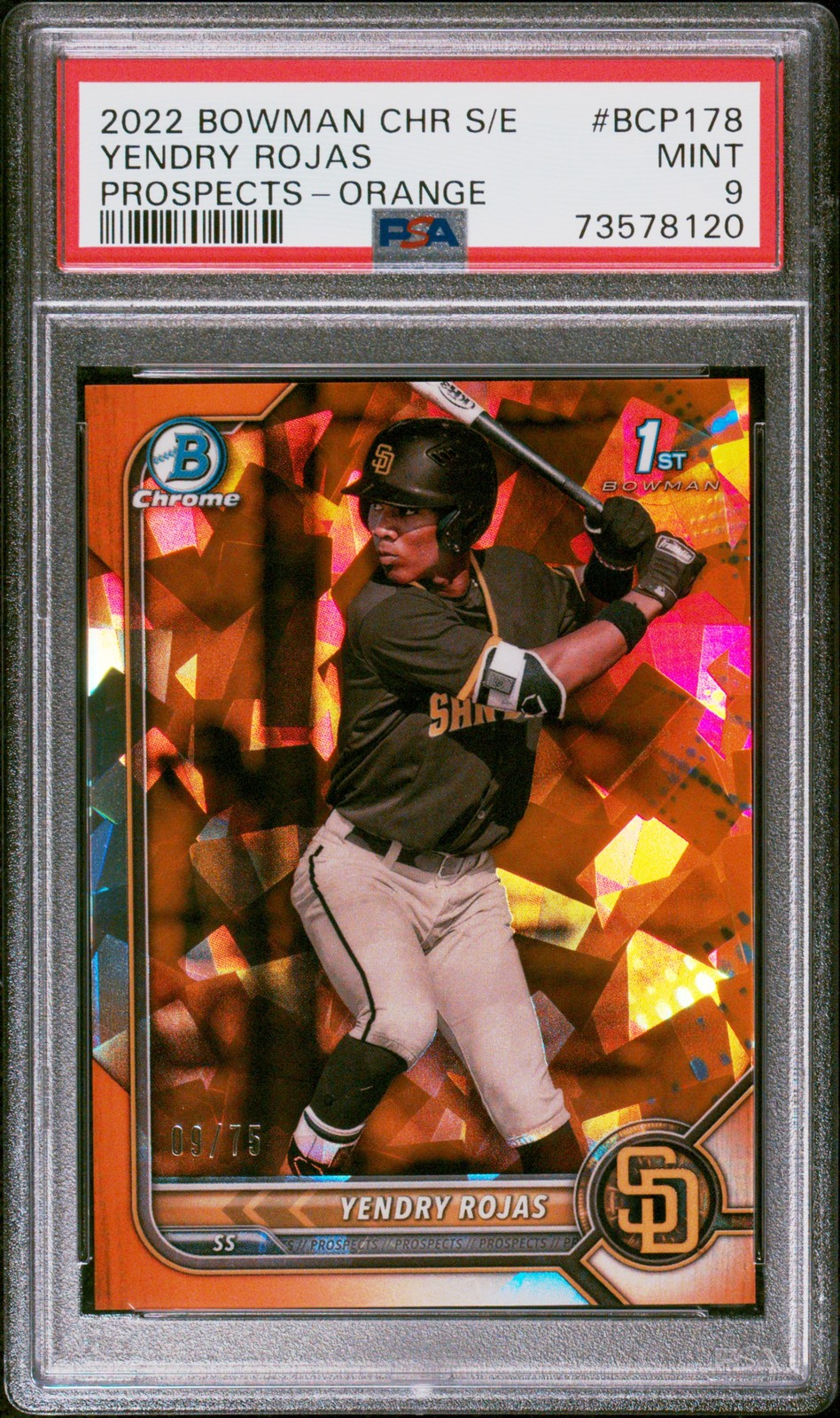 2022 BOWMAN CHROME SAPPHIRE ED PROSPECTS ORANGE #BCP178 YENDRY ROJAS 9/75 PSA 9