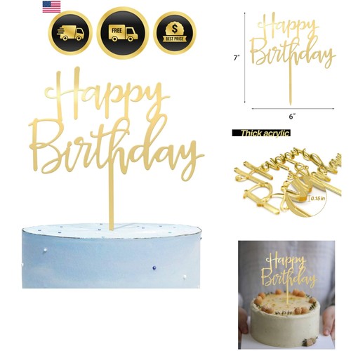 Happy Birthday Cake Topper, Mirrored Gold Acrylic Versatile Cake Topper for B...