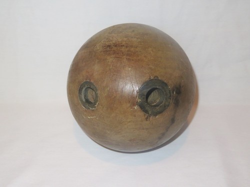 Antique Wooden Wood Bowling Ball 7-1/2” Diameter ~ 11 lbs - RARE finger inserts