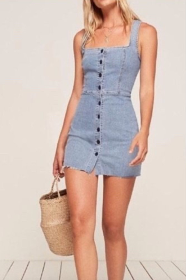 Reformation Lars Denim Mini Dress Size AU 8 Adriatic Wash Button Front Blue Jean