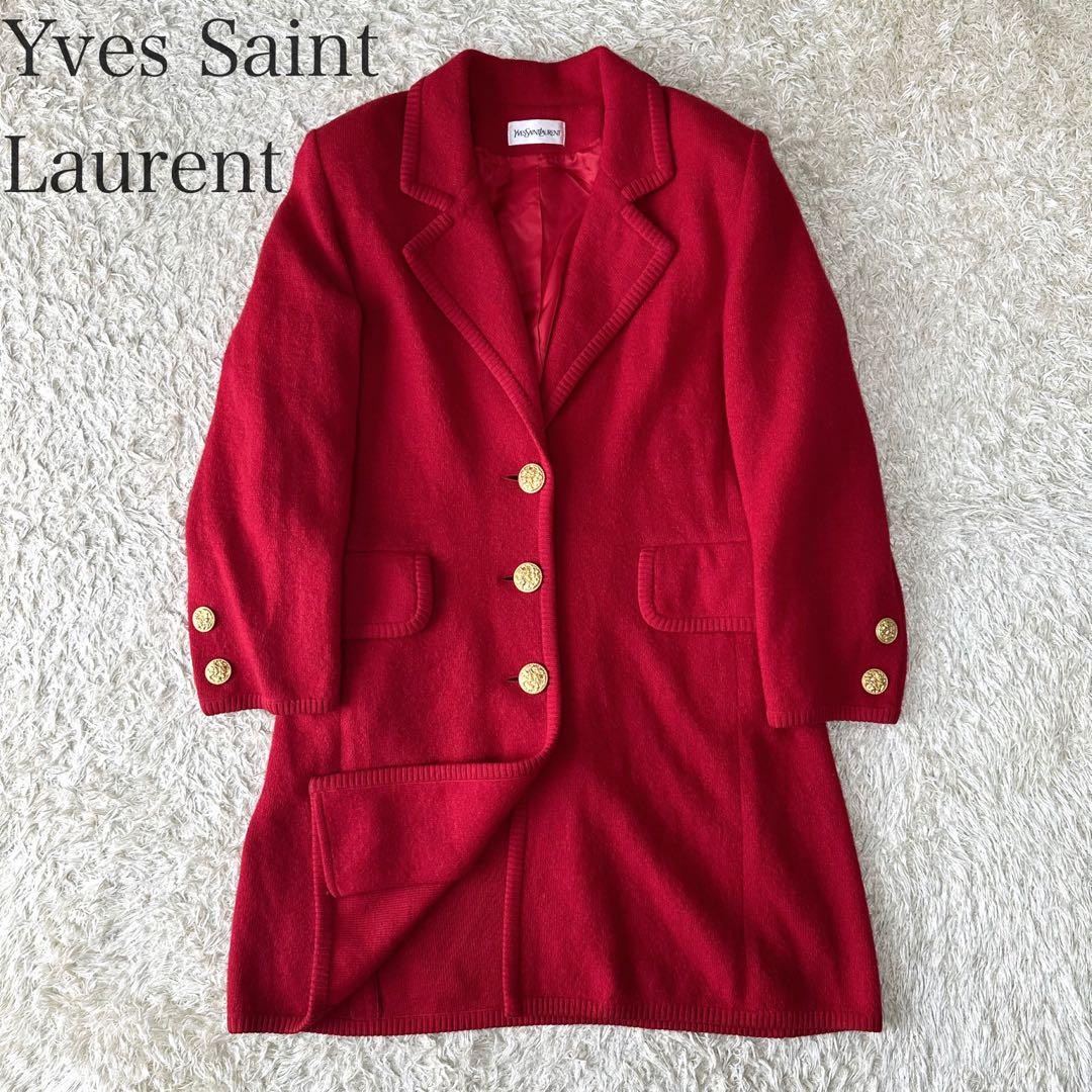 Maglione cappotto lungo maglia mohair YVES SAINT LAURENT vintage bottoni oro rosso M