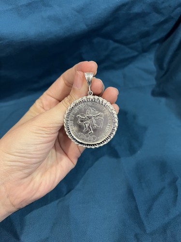 925 Sterling Silver Rope Bezel & 1968 Mexico Olympic 25 Pesos Coin Moneda Medal