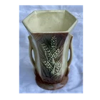 McCoy Ceramic Vase Wheat Motif Hexagonal Dual Handles Beige Brown Green Glossy