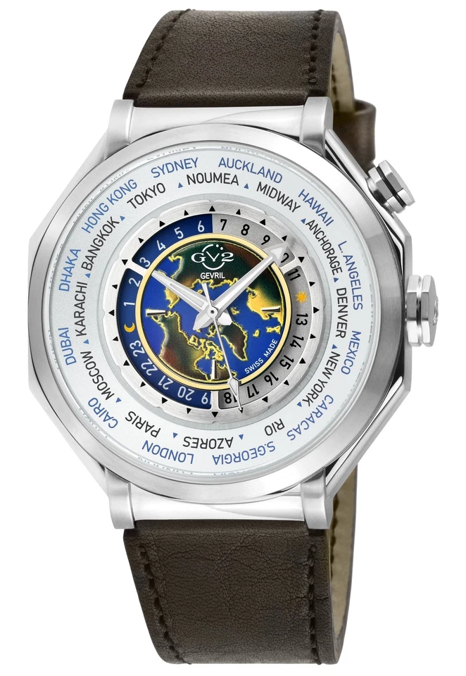 Мужские швейцарские часы Gv2 By Gevril 42430 Marchese Worldtimer коричневая кожа