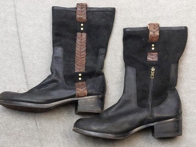UGG Boots Womens Size 11 Black Leather Mid Calf Side Zip Sheepskin 1004206