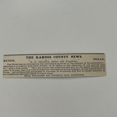 The Karnes County News E. G. Gillett Runge TX 1890 Newspaper Ad SAI9-M13