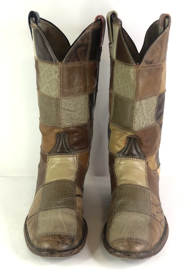 VTG 1970's LARRY MAHAN Leather Patchwork Western Cowboy Boots Size 411 - Image 2 of 4