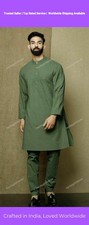 Mens Kurta Traditional Shirts Top Shirt Solid Mens Wear Cotton Cloth Kurta Green