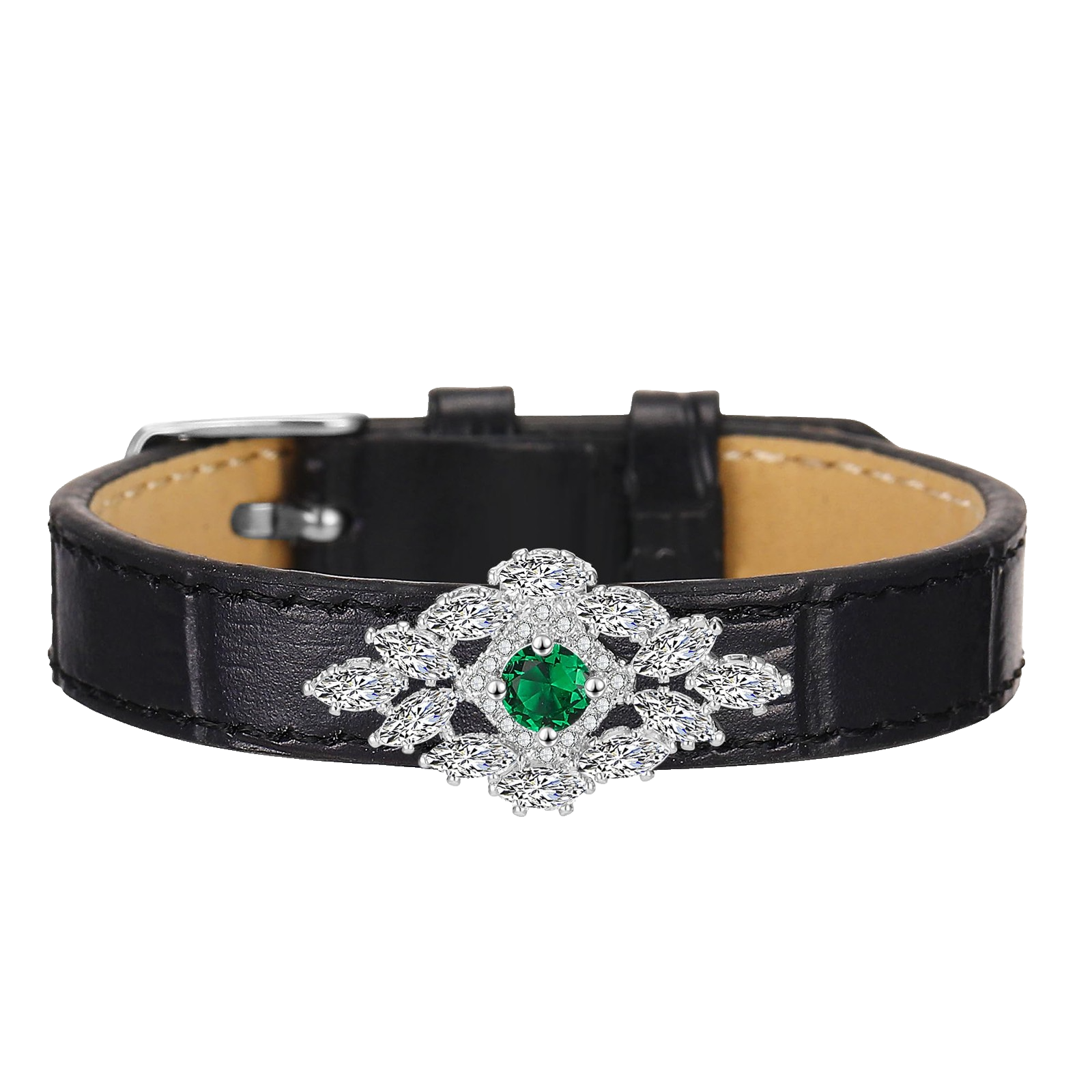 Leather Belt Bracelet Women Crystal CZ Charm Bangle Buckle Wristband Green 8.1