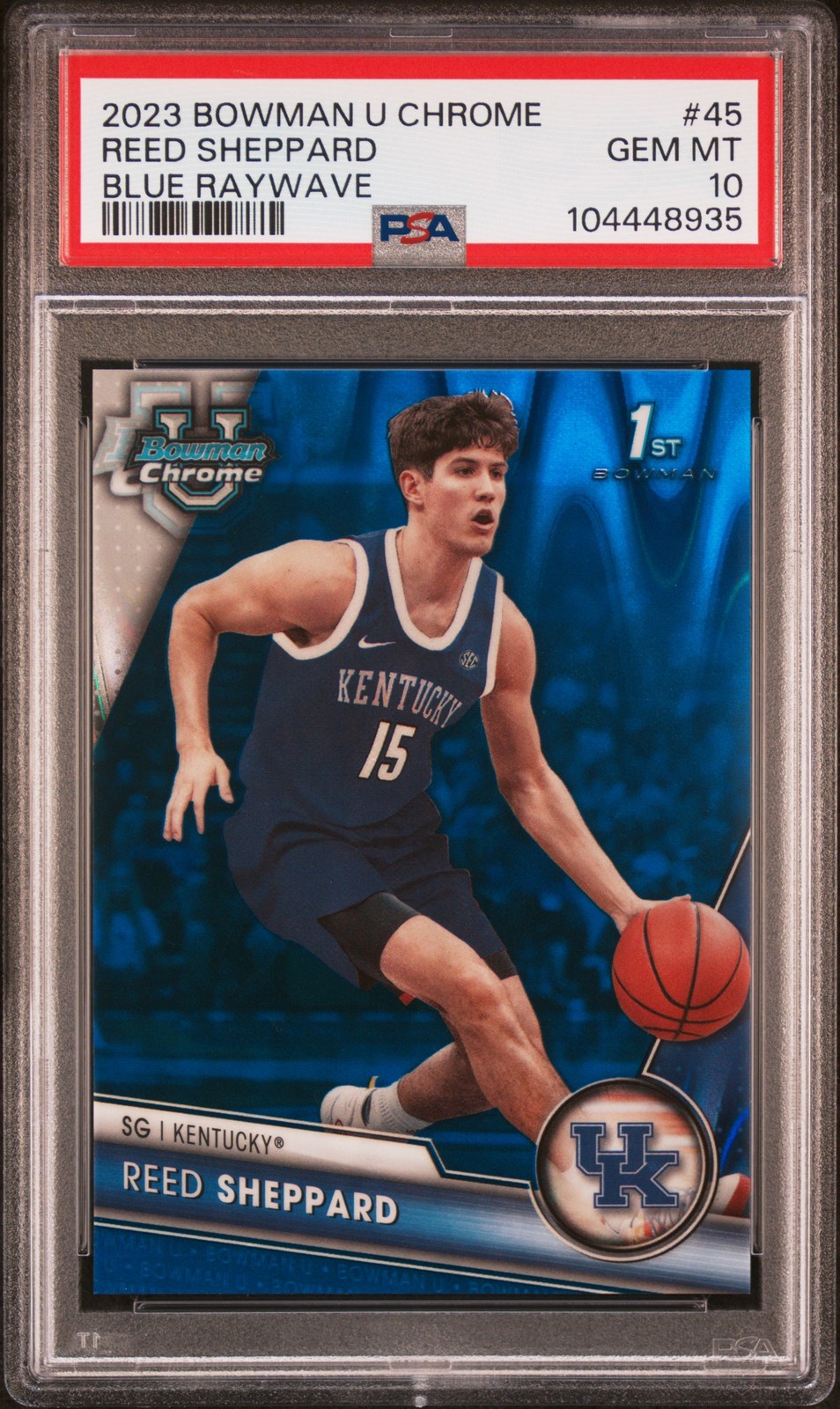 2023 BOWMAN UNIVERSITY CHROME BLUE RAYWAVE #45 REED SHEPPARD 21/199 PSA 10