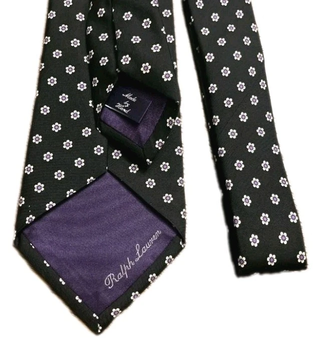 Ralph Lauren 100% Seda Hecha a Mano en Italia Etiqueta Púrpura Floral Margarita Corbata Negra Foto 3 de 3
