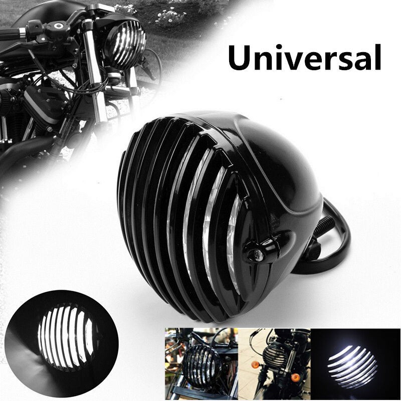 Motorcycle Finned Grill LED Headlight For Suzuki Chopper Bobber Cafe Racer Black