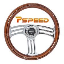 14 6-bolt Polished Real Wood Grip Steering Wheel Chrome Spoke For Car Truck