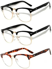 Set of 3 Classic Half Frame Semi Rimless Horn Rim Sunglasses Rimmed 3 Clear Lens