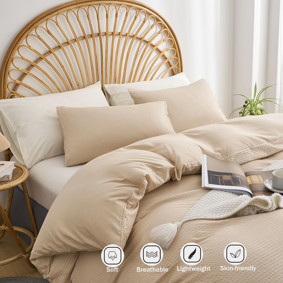 Waffle Duvet Cover King,Taupe Queen Duvet Cover Set,3 Pieces Seersucker