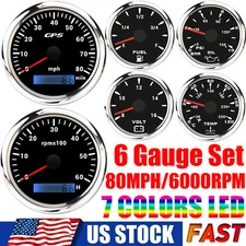 6 Gauge Set 85mm GPS Speedometer 80MPH Tacho 6000RPM&52mm Fuel/Temp/Oil/Volt 