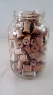 119 Pc Lot Old Vintage Thread Spools & Glass 1/2 Gallon Jar Prim Primmie Display
