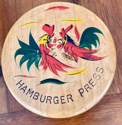Vintage Wooden Hamburger Press Two Fighting Roosters Chickens Multi Color 5.5 