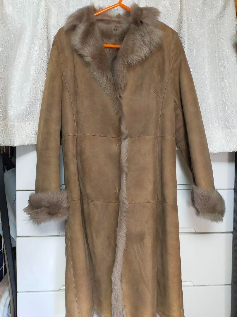Real Mouton Long Coat Fur Dark Beige Women's Size XL Luxury Real Mouton Long Coat Fur Dark Beige Women's Size XL Luxury