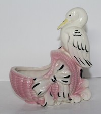 Vintage MCM Stork on Bassinet with Bow PLANTER 6 1/2" Tall