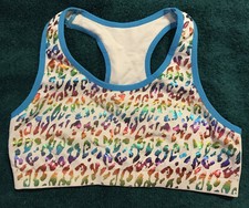 Girls Sports Bra White Multi Foiled Cheetah Print Size M 10 - 12 Breathable Bk