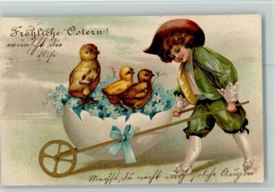 10507847 - cart from an Easter egg, chicks, forget-me-not postcard Easter eggs 1904
