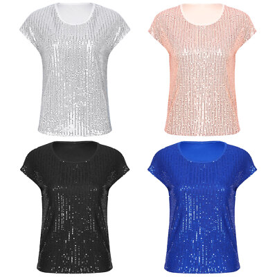 Women Glittery Sequin Tops Cap Sleeve Blouse Round Neck T