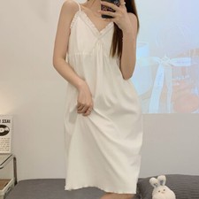 Women Ice Silk Cotton Lace Dress Nightgown Sleepwear Sling Nightdress Pajama Pjs