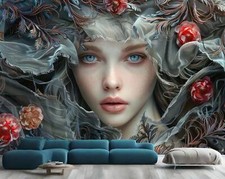 Artistic Girl Face and Flowers Wallpaper Mural Removeable Washable Peel & Stick