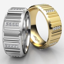 Vertical Grooved Pave Round Diamond Eternity Men's Wedding Band Gold 0.25 Ctw.