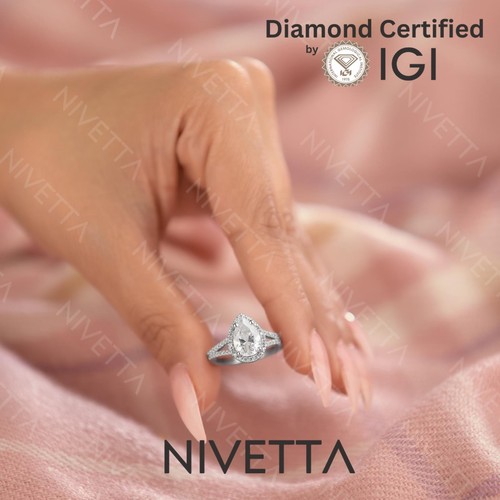 1.4 ct Lab Grown Pear Cut Halo Split Shank Diamond Engagement Ring VVS2 D Pave - Picture 7 of 9