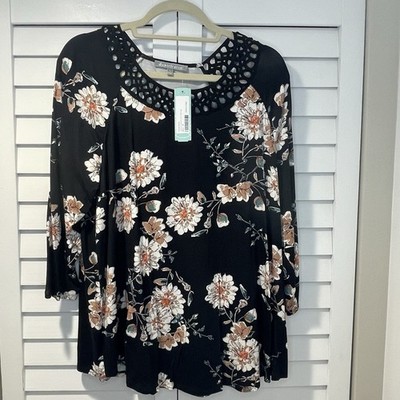 Daniel Rainn Elannie Lattice Trim Knit Top 1X Black Floral NEW